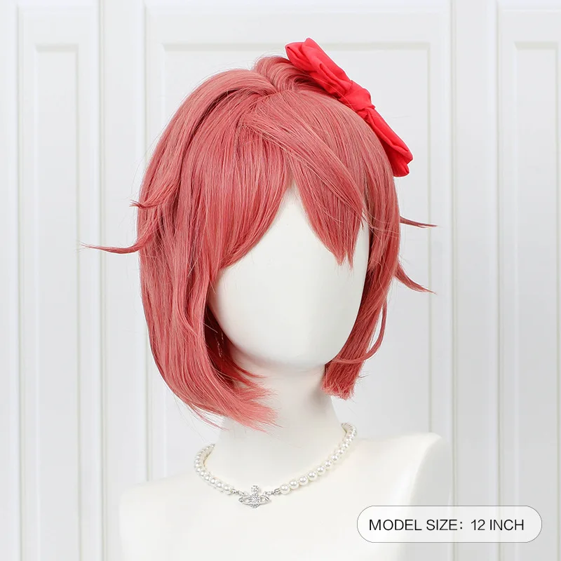 Фото Женский парик для косплея Doki Literature Club Sayori, розовые короткие термостойкие синтетические волосы, парик с шапочкой и бантом №2