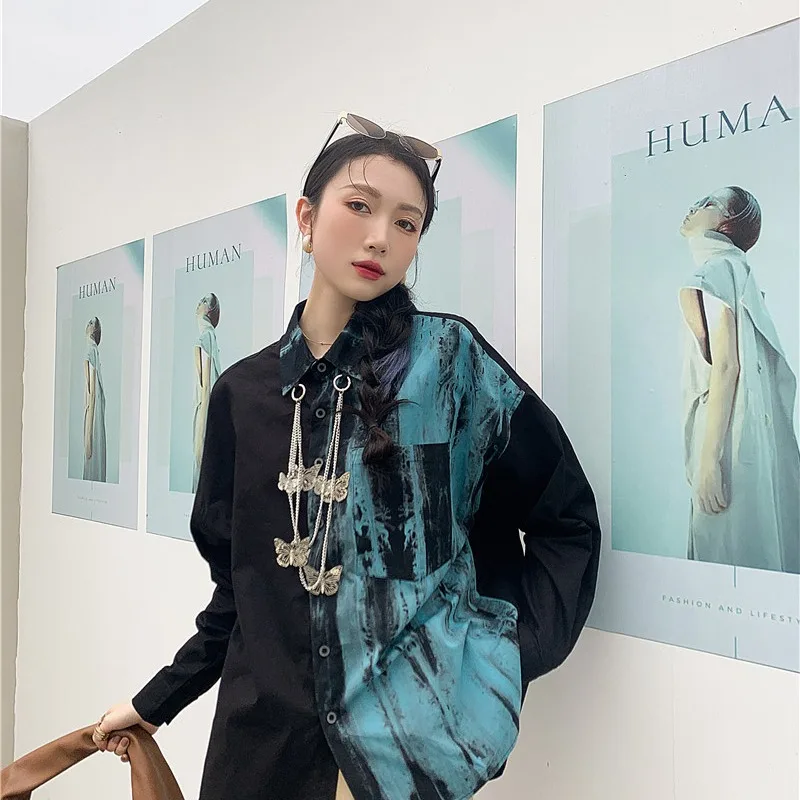 

Fashion Woman Tie Dye Oversized Long Sleeve Shirts New Trendyol Men Patchwork Loose Black Shirt Vintage Streetwear Chemise Homme