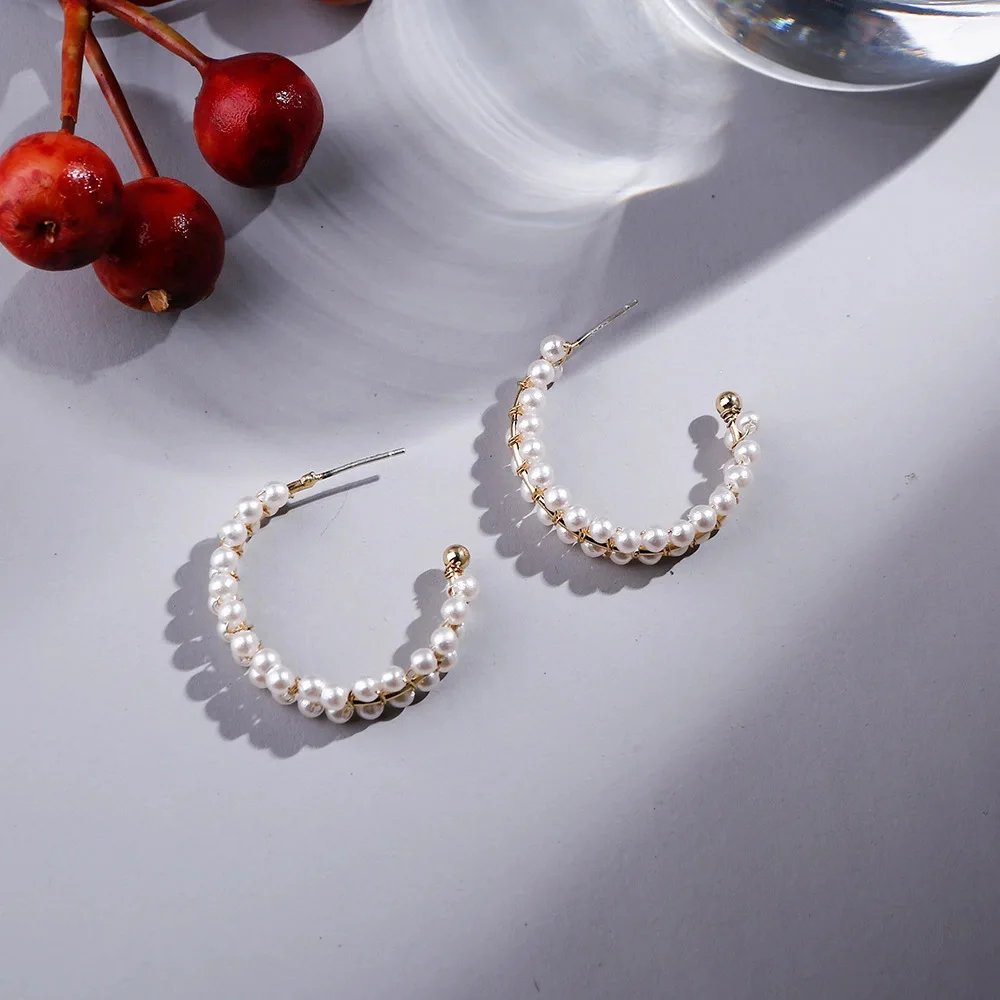 

Silver Color Needle 925 Fashion Imitative Pearl Earrings Hand Woven C-type Half Loop Geometric Female Earrings