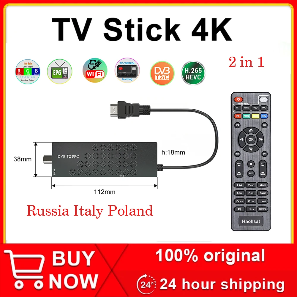 

Haohsat Europe HEVC DVB-T2Pro TV Stick 4K Digital Terrestrial Decoder DVB T2 Tv Tuner H.265 WIFI Set-Top Box DVB C T2 TV Stick