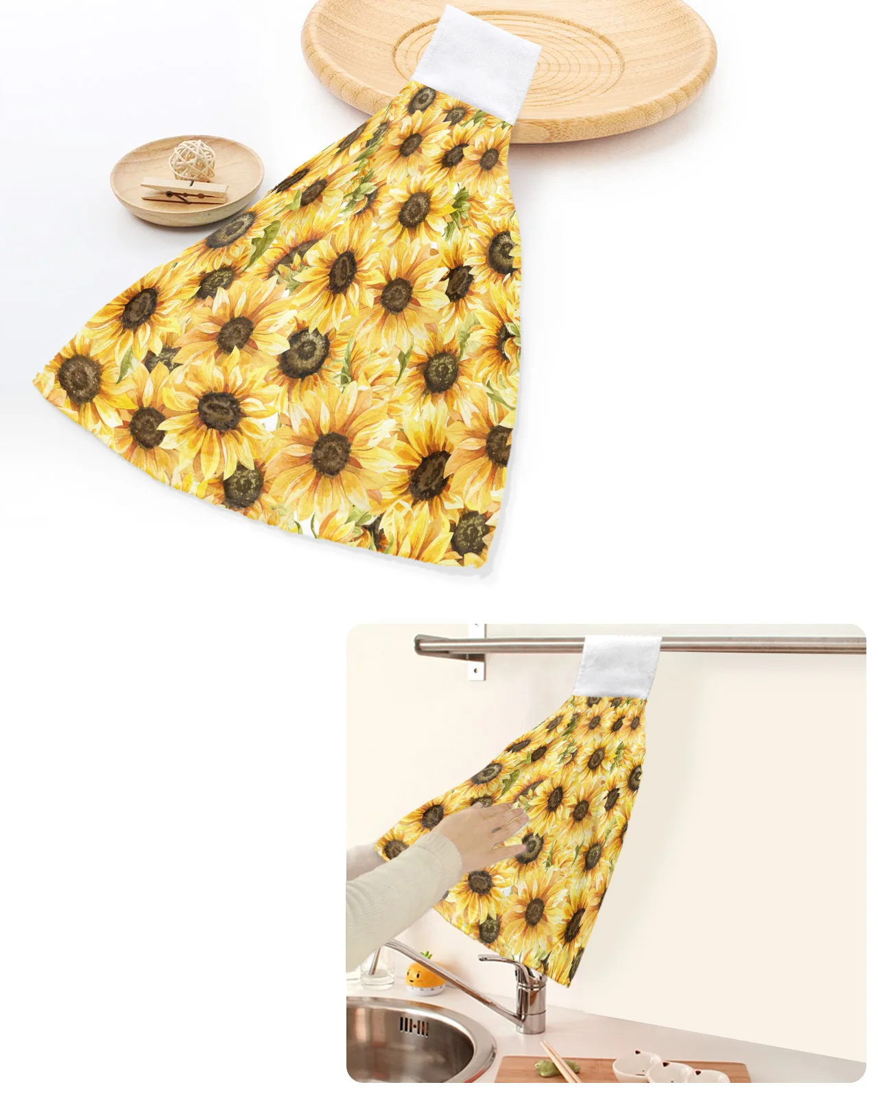 

Sunflower Watercolor Flowers Hand Towels Home Kitchen Bathroom Hanging Dishcloths Loops Quick Dry Soft Absorbent Custom Towel