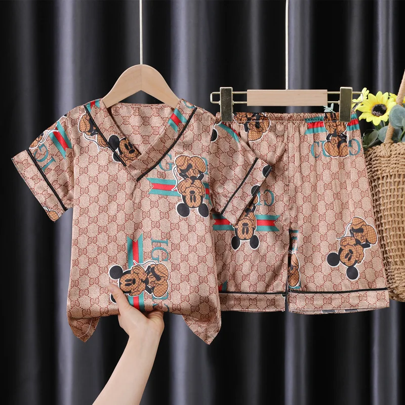 

Disney Mickey Mouse Pooh Children's Pajamas Set Boys Summer Ice Silk Thin Short Sleeve Girls Baby Middle Cartoon Sleepwear
