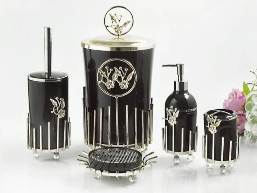 

Premium Bathroom Set 5 Pieces Dustbin Soap Dispenser Liquid And Solid Toothbrush Holder Toilet Metal Coating Acrylic Inner Tank