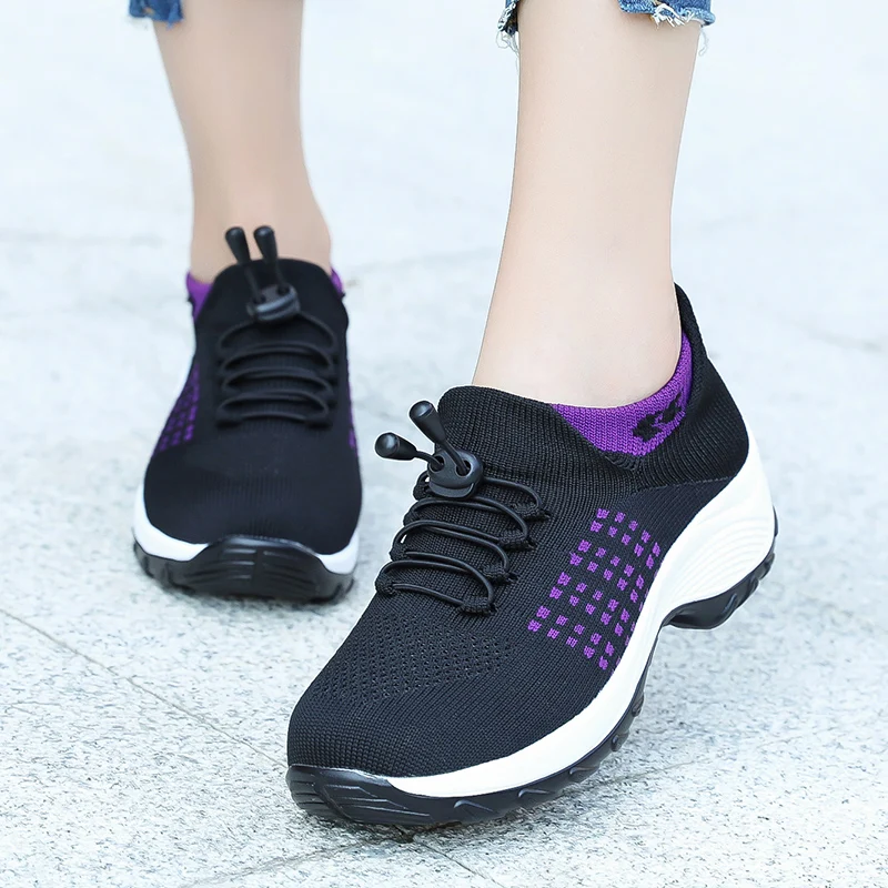 Womens Fashion Flat Platform Sneakers for Women Breathable Mesh Walking Shoes Ladies Lace for Sock Sneaker Plus Size35-45