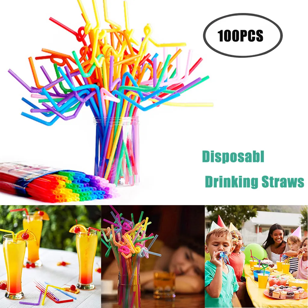

Пластиковые трубочки для напитков, гибкие одноразовые полосатые соломинки вечерние ных цветов, 100 шт.
