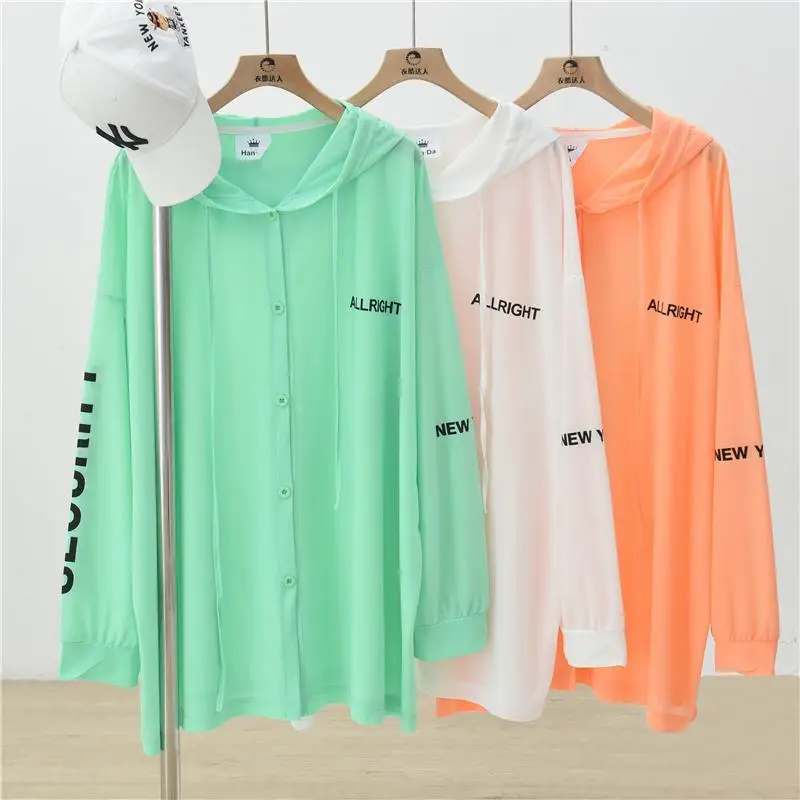 

DAYIFUN Oversized Sunscreen Jacket Women Summer Thin Ice Silk Sunscreen Tops Female Spring Hooded Mid Length Cardigan Coat 150KG