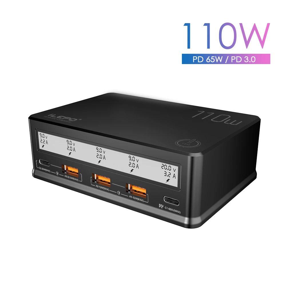 iLEPO 110W 5Port USB Charger PD USB C Super Fast Charger For iPhone 14 13 Pro Max Laptop Computer Samsung Xiaomi Screen Display