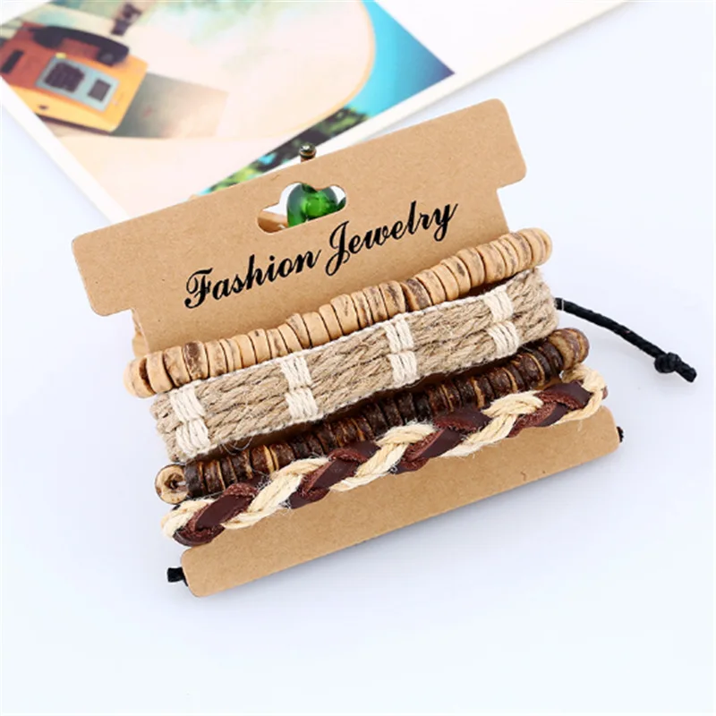 European and American Fashion Bracelet Jewelry Retro Set DIY Woven Cowhide Coconut Carrng Strap Men's Hemp R...