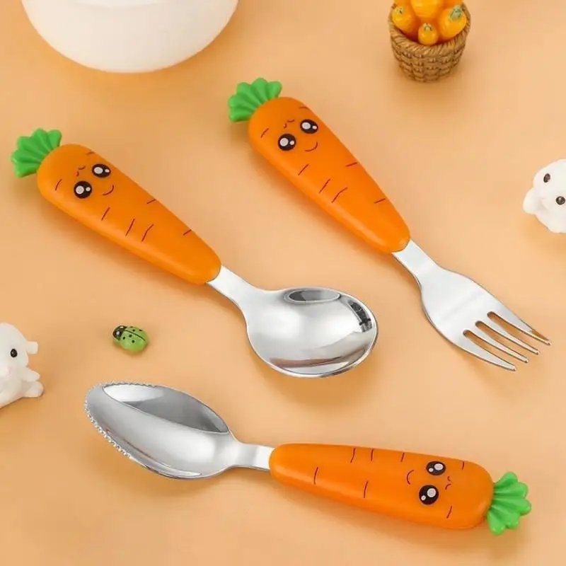 

Stainless Steel Spoon Fork Flatware With Box 3PCS Children Carrots Tableware Set Kids Dinnerware Practical Kitchen Supplies