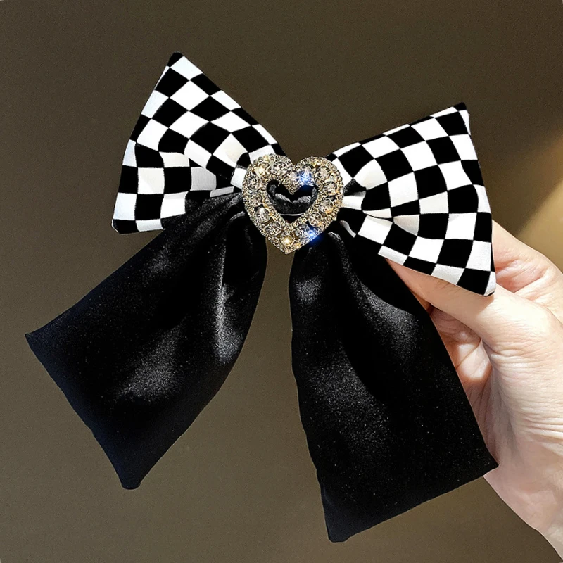 

Korea Fashion New Plaid Bow Hairpin Female Rhinestone Love Clip Back of Head Mujer Hair Accessories for Girl Women Wholesale