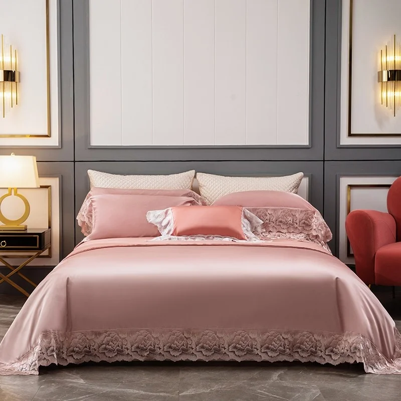 

Luxurious Rose Golden Satin like Silk and Cotton Bedding Sets Chic Lace Duvet Cover Pillowcases Flat Bed Sheet Queen King size