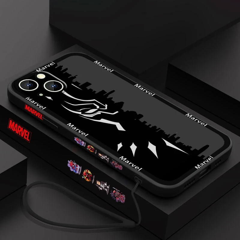 

SpiderMan Iron Man Logo Apple iPhone Case For 14 13 12 11 Pro Max Plus XS XR X 8 7 SE 2 3 Liquid Left Rope Color Cover