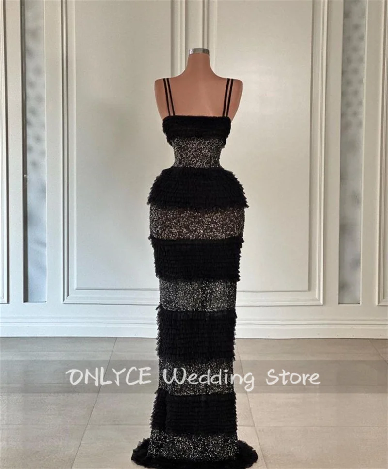 

Glitter Long Black Arabic Formal Prom Dress Straps Ruffles Beaded Sequins Evening Gowns Wedding Party Wear Robe De Soiree