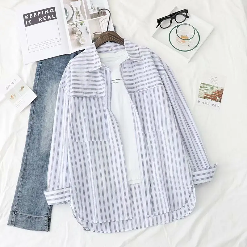Летняя хлопковая рубашка с длинным рукавом топы в полоску отложным воротником