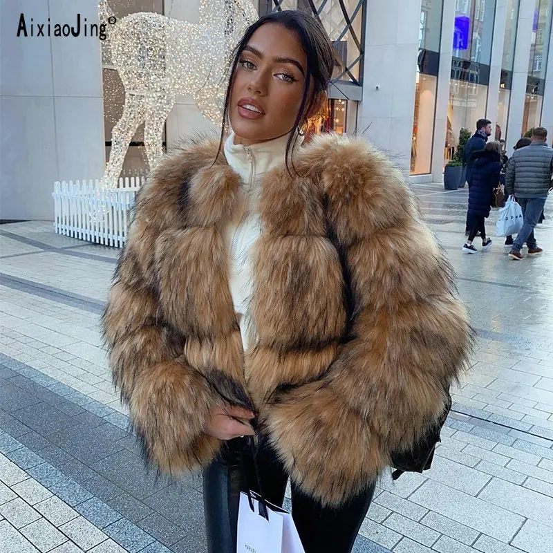 AIXIAOJING 2022 High-quality Winter Women's imitation raccoon fur coat Luxury short fluffy fox fur coat Women's fur coat