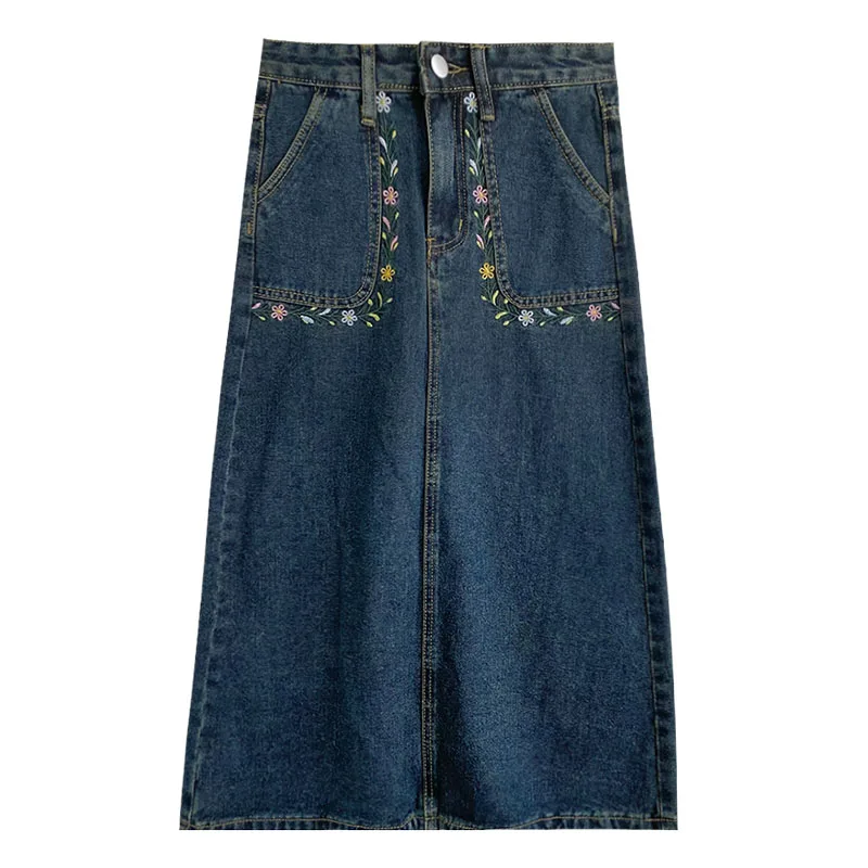 

Vintage Floral Embroidery Women Skirts Autumn Straight Knee-Length Blue High Waist Casual All Match Female Clothing