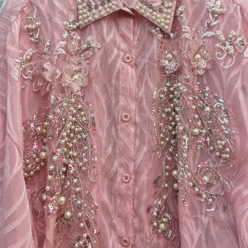 Новые блузки на пуговицах с бисером и блестками женские рубашки средней длины