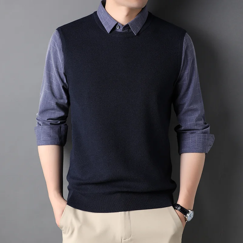 

Мужские вязаные пуловеры false Two, Новое поступление 2023, мужская рубашка с воротником на весну и осень, повседневный классический вязаный свитер