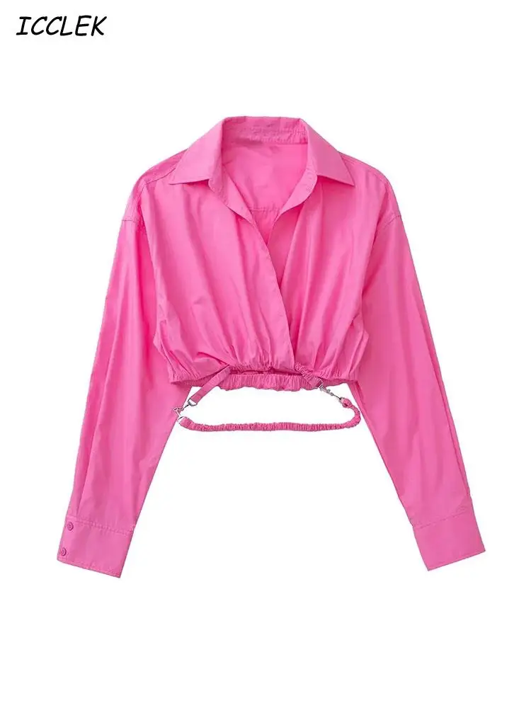 

Icclek Crop Blouse Women 2022 Pink Elastic Straps Blouse And Shirt Cropped Shirt Streetwear Cropped Tops Mujer Blusas Spring Top