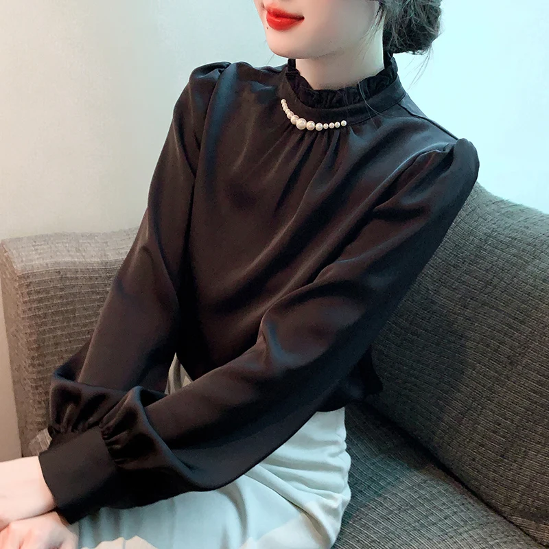 Модная Новая женская блузка с длинным рукавом и бисером повседневная офисная