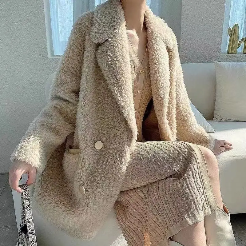 Woman Solid Jacket Wool Blends Female Natural Real Fur Coat Fur Collar Fashion Streetwear Outerwear Lady Double Button Coat G567