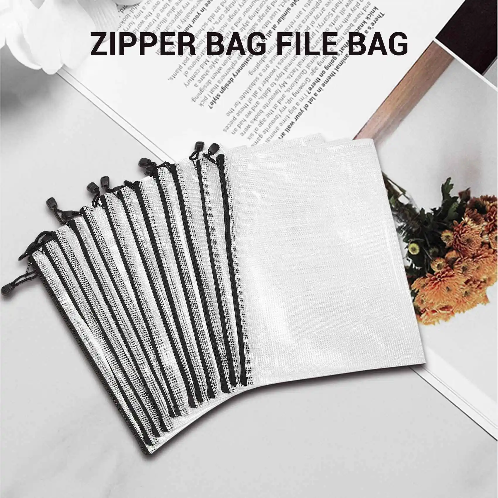 

12 Pcs Zipper File Bag A4 Zipper Mesh Bag Board Game Storage Bag PVC File Bag Office Supplies Storage Bag (34CMx24CM)