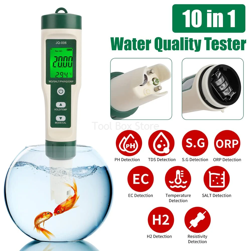 

10 in 1 Digital Water Quality Tester PH/TDS/EC/SALT/TEMP/S.G/ORP/H2/Fertile/Resistivity Tester Pen Aquariums Chlorine PH Meter