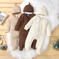 baby long sleeve autumn solid color round neck zipper footed jumpsuit knotted cap 2 pcs spring outfits