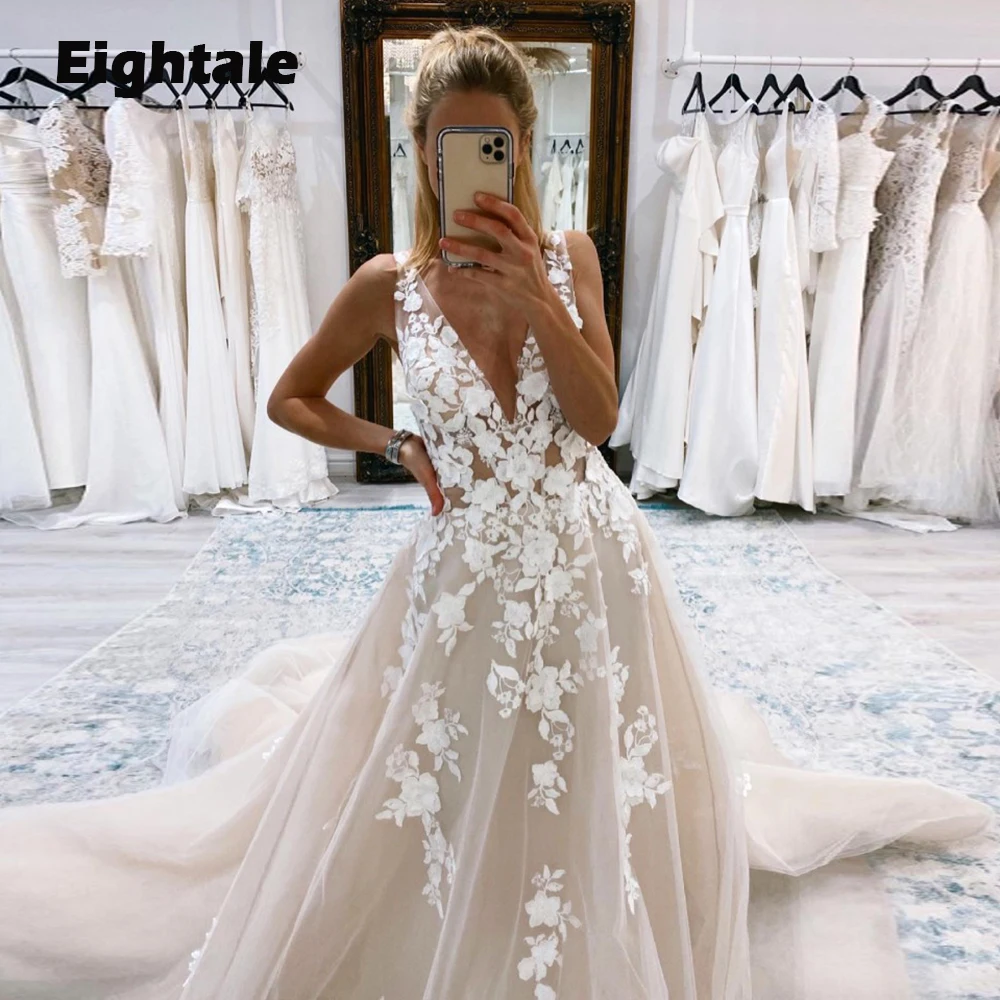 

Eightale Luxury Wedding Dresses Lace V-Neck Appliques A-Line Court Train Backless Bridal Gowns Vestido De Novia