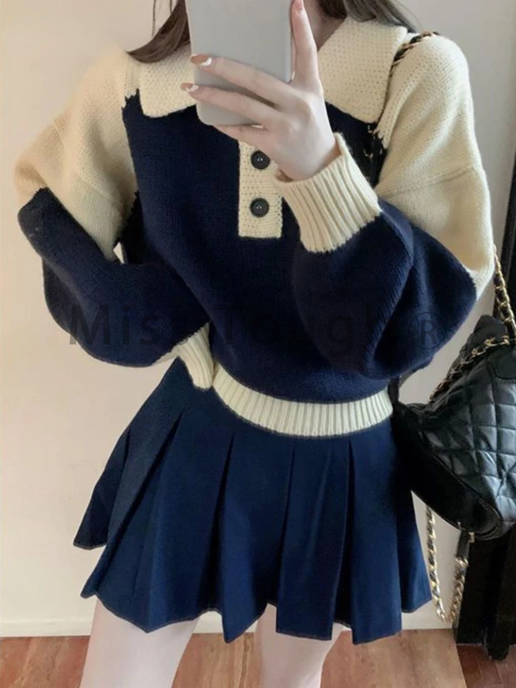 

Женский трикотажный Костюм-двойка, свитер с высокой талией и плиссированная юбка в Корейском стиле, осень 2023