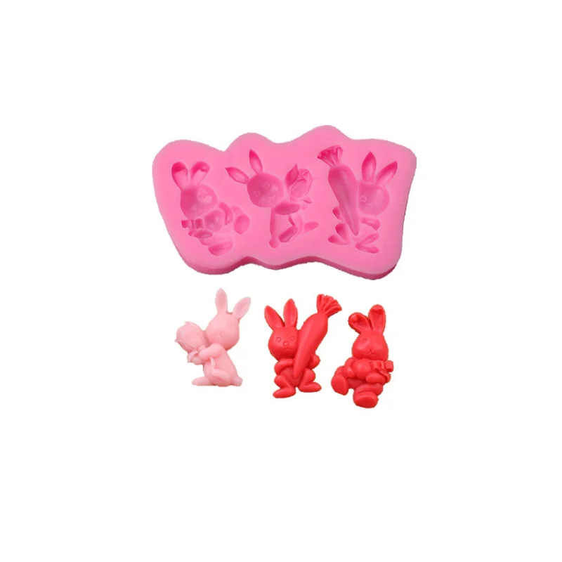 

3D Easter Rabbit Silicone Mold 3 Holes DIY Chocolate Baking Biscuits Pastry Mold Bunny Carrot Cake Decor Fondant Mold Bakeware