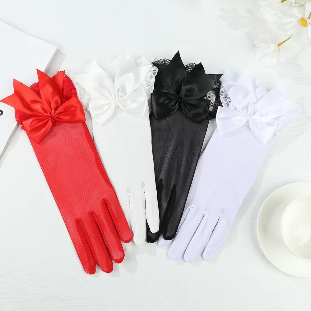 

Fashion Bride Bow Lace Chiffon Gloves Women White Gloves Sunscreen Driving Gloves Marriage Party Accessories