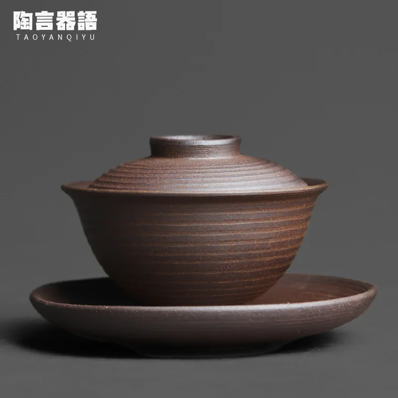 

Rock mine retro pottery old rock mud cover bowl handmade pottery kung fu tea ceremony hand holding wide mouth small tea bowl