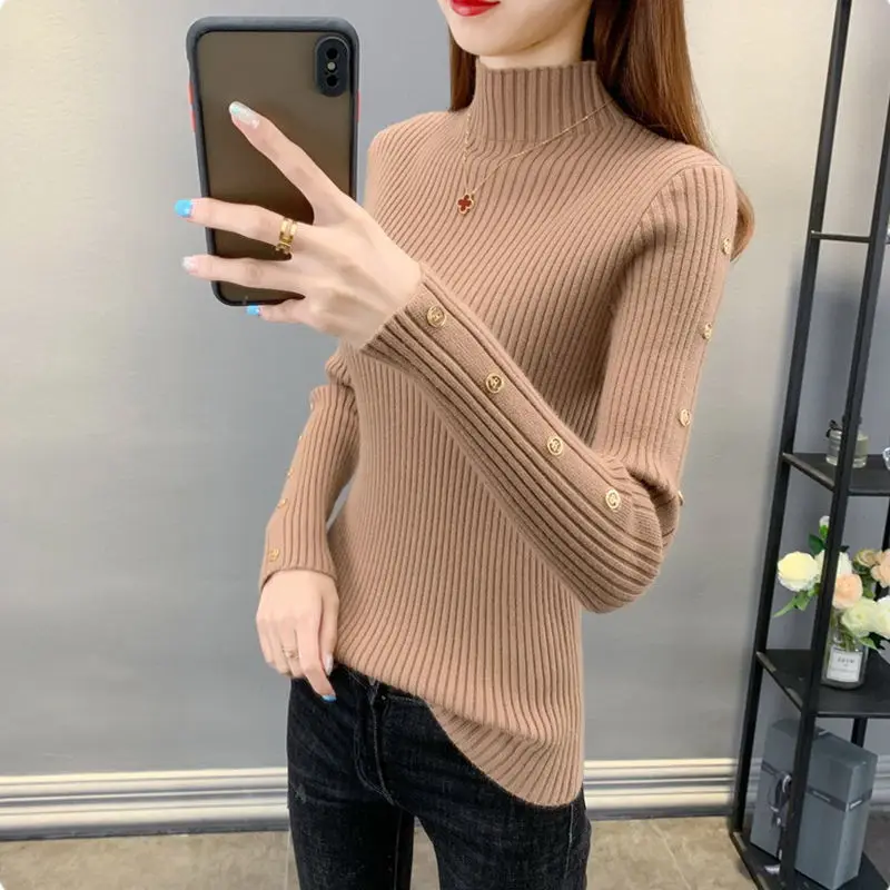 

Женские свитера с высоким воротником и длинным рукавом, облегающий пуловер на пуговицах на осень и зиму, трикотажные современные трикотажн...