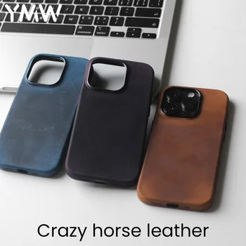 YMW Crazy Horse Genuine Leather Case for iPhone 14 Pro Max Plus 13 Magnetic Personality PULL-UP Frosty Cowhide Phone Cover 1