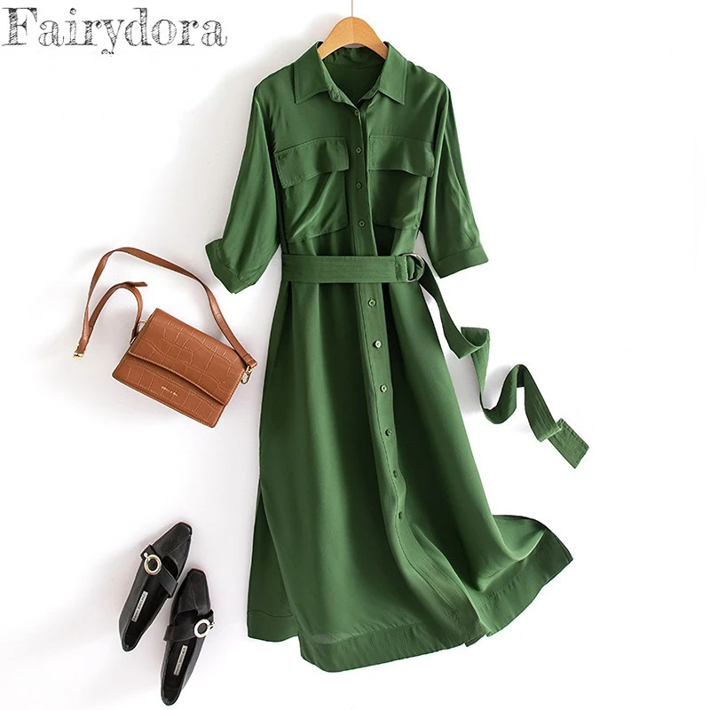 Elegant Pure Silk Dress for Women Turn-Down Collar Waist Lace Up Solid Colour 100% Nature Mulberry Silk Bodycon Midi Dress