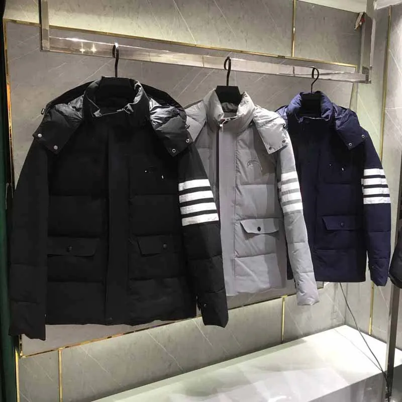 New TB Men's Down Coat Original Striped Design Fashion Brand Down Jacket High Quality Famous Tops Men Solid Puffer Winter Coats