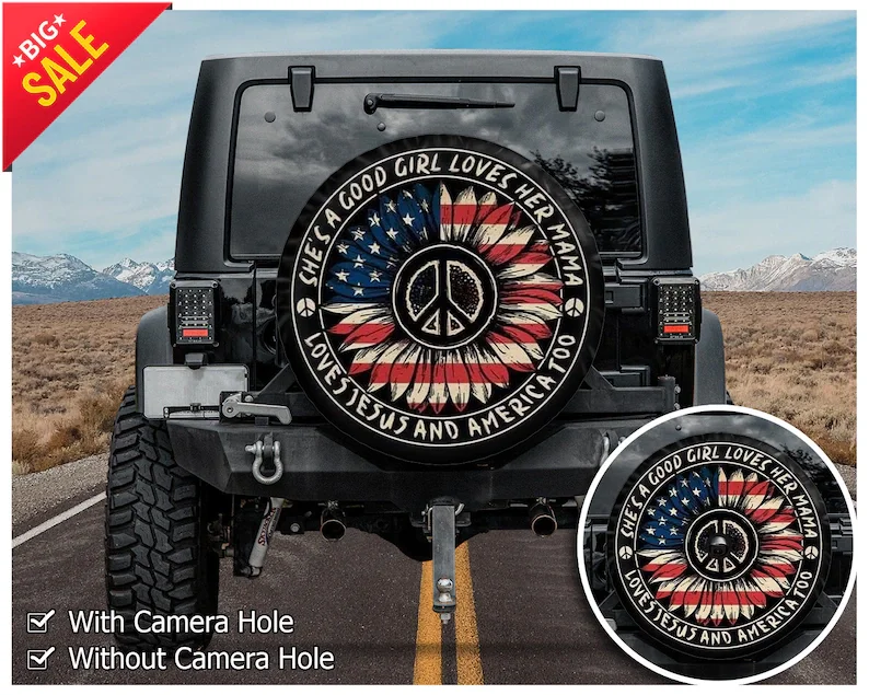 

Крышка запасной шины с американским флагом подсолнуха для джипа, кемпера, крышка автомобиля с отверстием для резервной камеры или без него ...