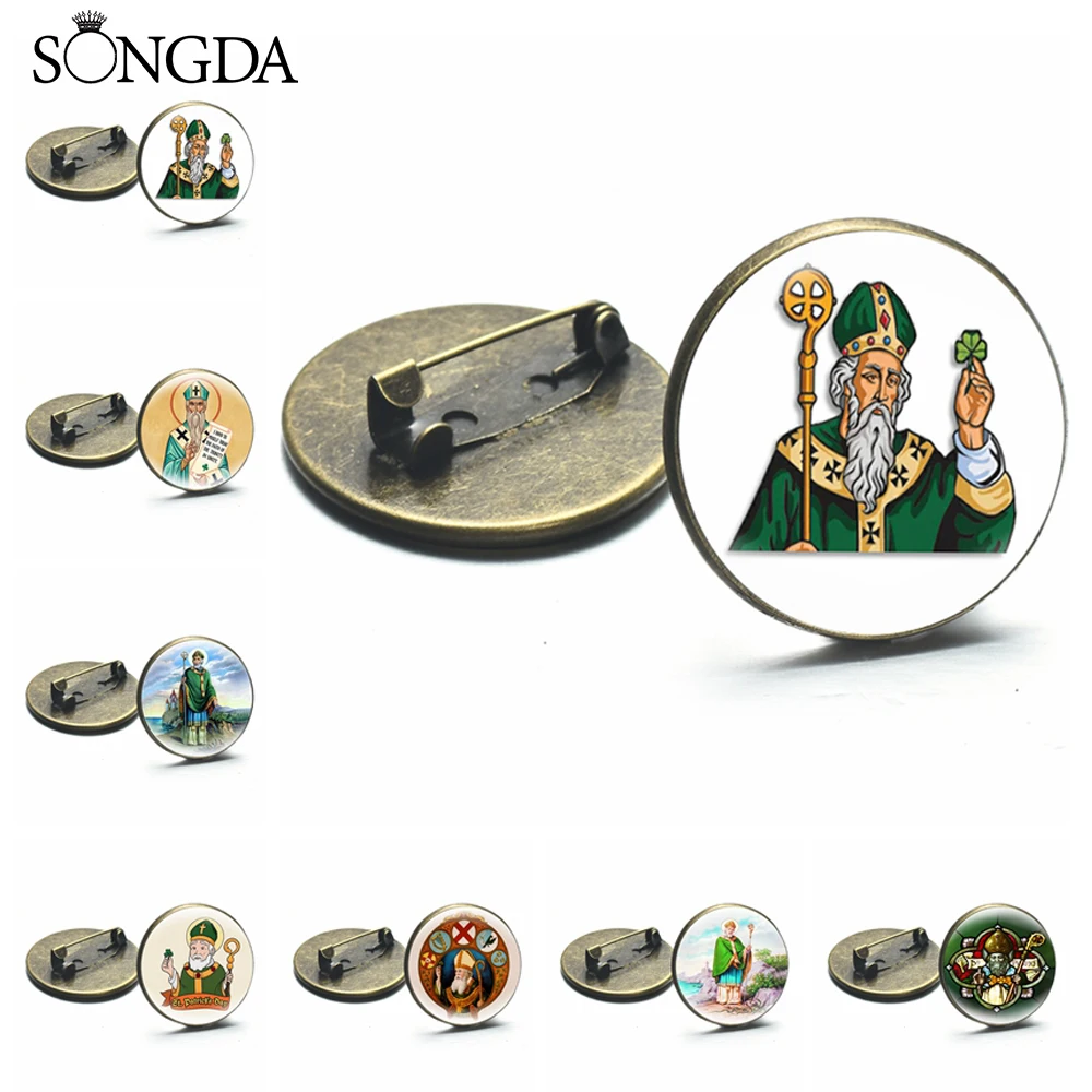 

Saint Patrick Brooch Pin Badges For Bag Clothes Round Catholic Saint Glass Dome Lapel Pins St Patricks Day Decorations Jewelry