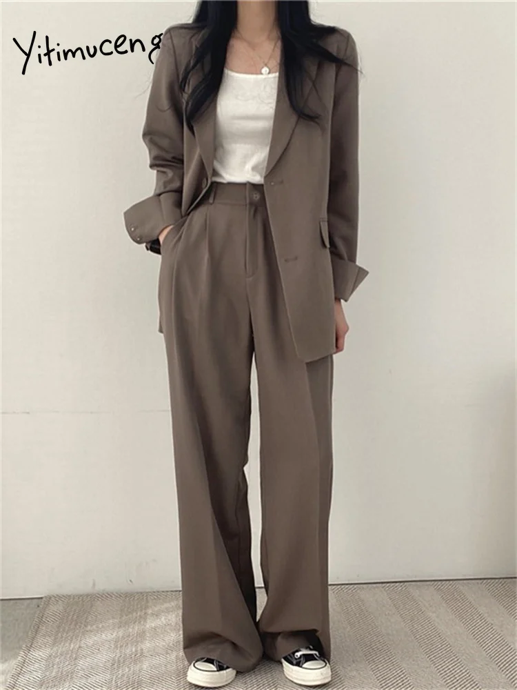 Yitimuceng Blazer 2 Piece Sets Womens Outifits Spring Autumn Coat Korean Fashion Set Pants Suit Pink Office Lady Blazer Suit