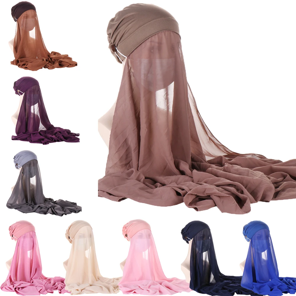 

New Instant Hijabs Women Bonnet With Chiffon Shawl With Buttons Easy to Wear Hat Hijabs Head Wrap Muslim Full Cover Headscarf
