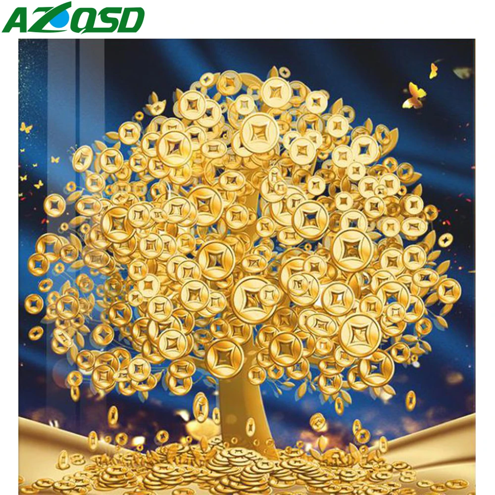 AZQSD Diamond Painting Tree Cash Cow Coin Cross Stitch Kits Rhinestone Diamond Embroidery Landscape Mosaic Handicraft Home Decor