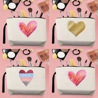 2022 new personalized storage bag handbag women coin purse canvas love pattern printed makeup brush hand carrying rope beige