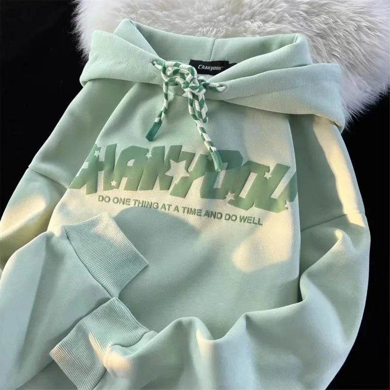 

Sudaderas American Letter Print Hooded Sweatshirt Loose Harajuku Preppy Style Casual Tops Women Long Sleeve Drawstring Couples