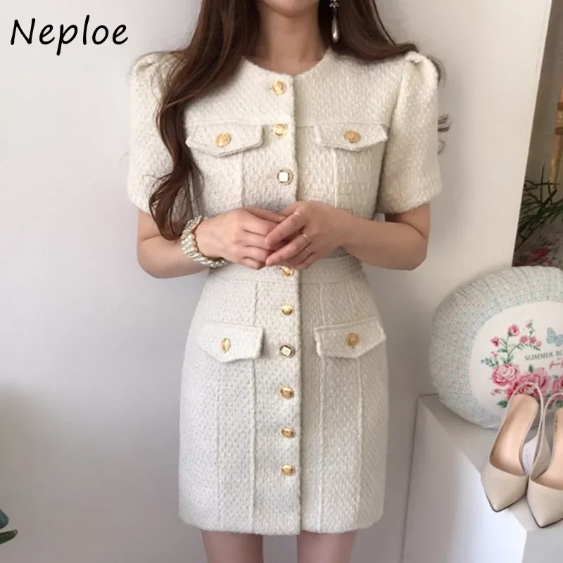 

French Temperament Round Neck Robe Femme Chic Metal Buckle Slim Vestidos Mujer Short Sleeve Tweed Bodycon Dress Women