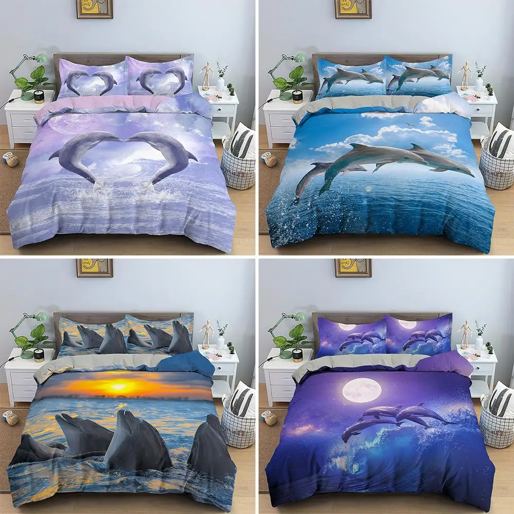 

King Size Bedding Set Cartoon Dolphin Printed Duvet Cover Set Soft Quilt Cover Single Double Twin Queen Size Comforter Cover