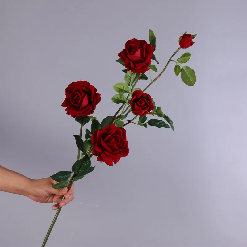 

95cm Simulation 5 Heads Curling Flannel Rose Home Living Room Dining Table Decoration Artificial Flower Wedding Set Fake Plant