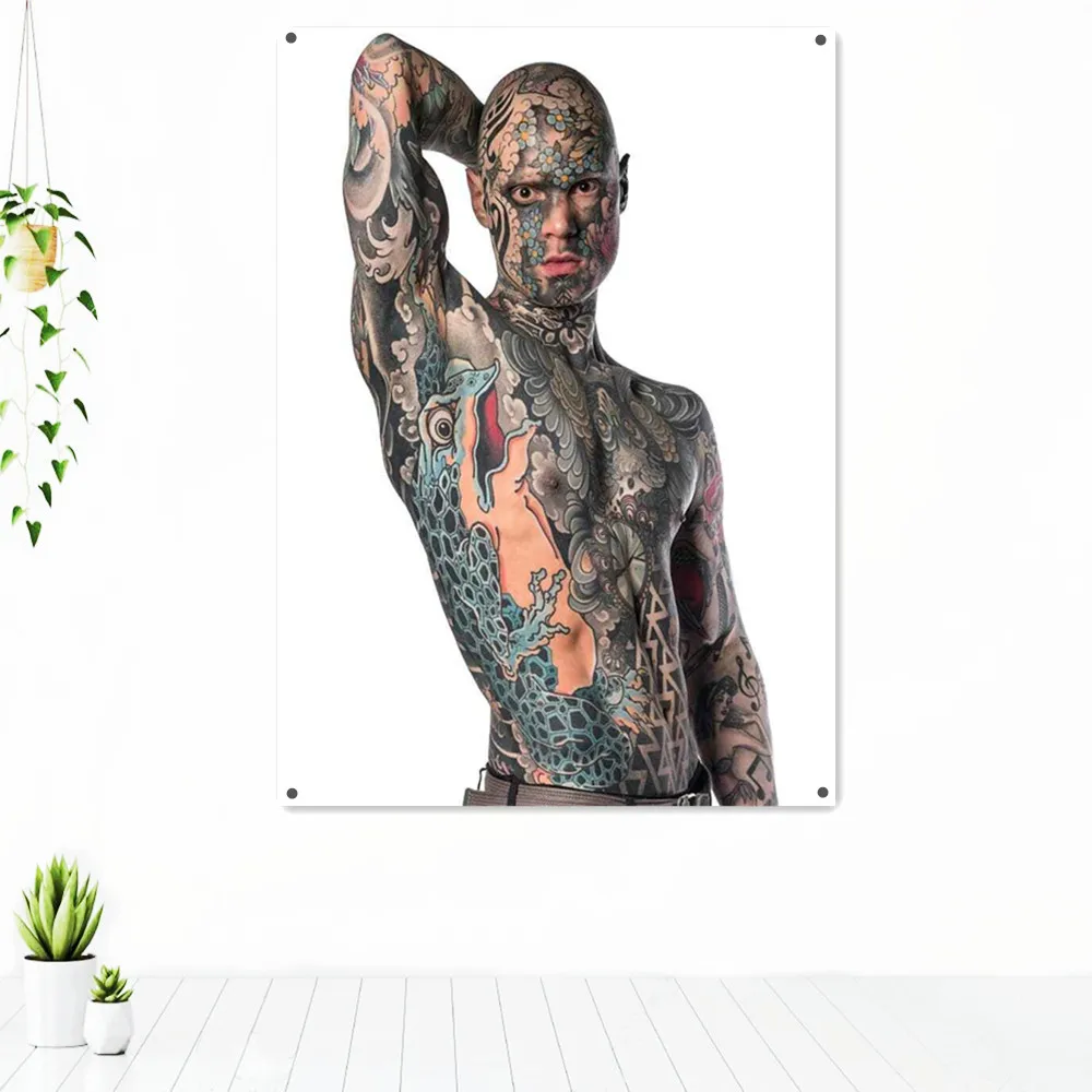 

Men's Longitudinal Tattoos Art Poster Tapestry Tough Full Body Tattooed Guy Banner Wall Hanging Flag Canvas Painting Home Decor