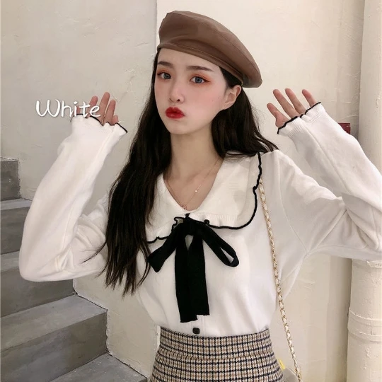 

Свободные топы на шнуровке с длинным рукавом, тонкий женский пуловер, японский вязаный свитер, джемпер, весенний Топ, одежда из ткани для женщин и девушек, женский свитер