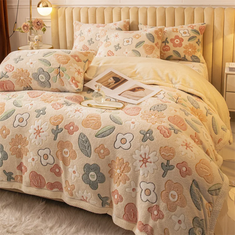 

Thickened Milk Fiber Four-Piece Set Winter Coral Fleece Bed Sheet Double-Sided Velvet Quilt Cover Sets Flannel Fleece-Lined